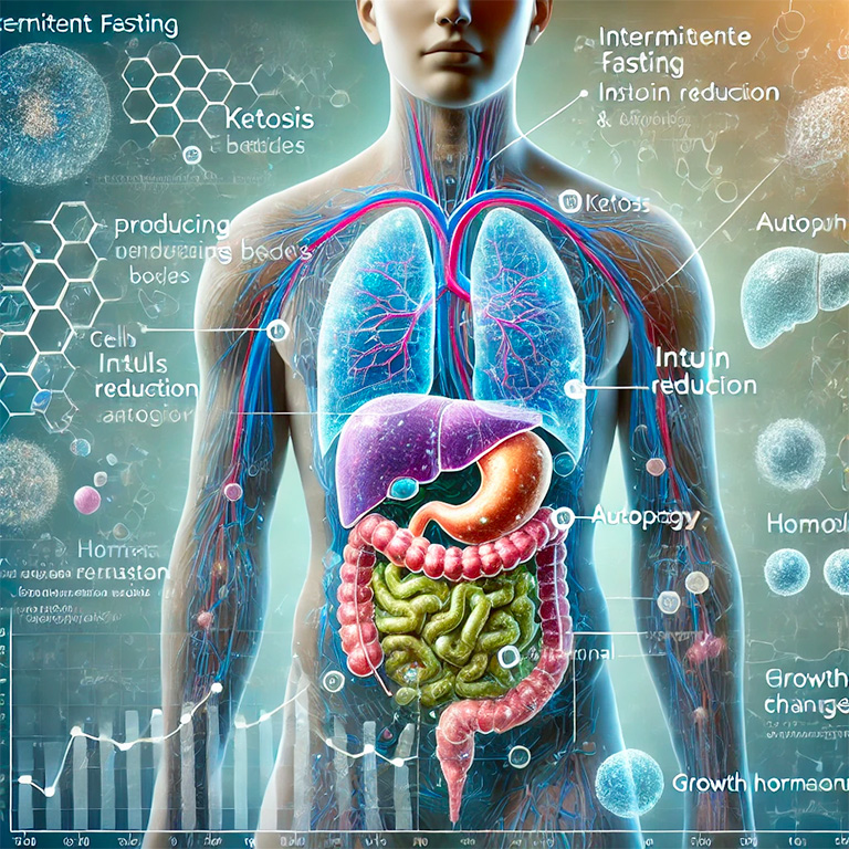 illustration détaillée représentant les impacts biologiques du jeûne intermittent, avec des processus comme la cétose et l’autophagie.